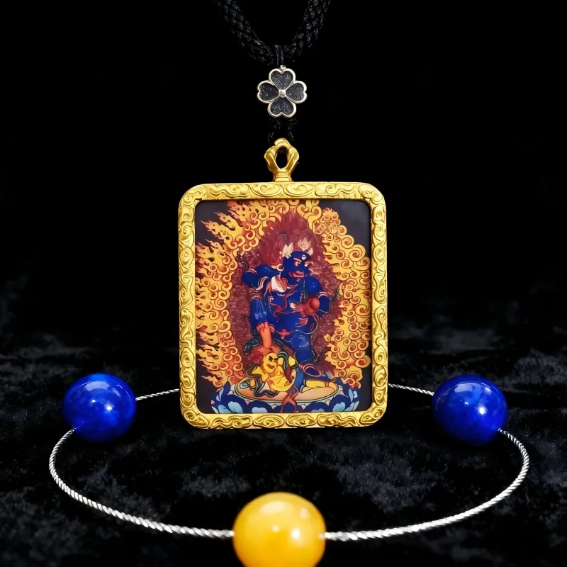 Mahakala Hand-Painted Thangka Pendant | Wrathful Protector & Wealth Guardian Amulet image 5