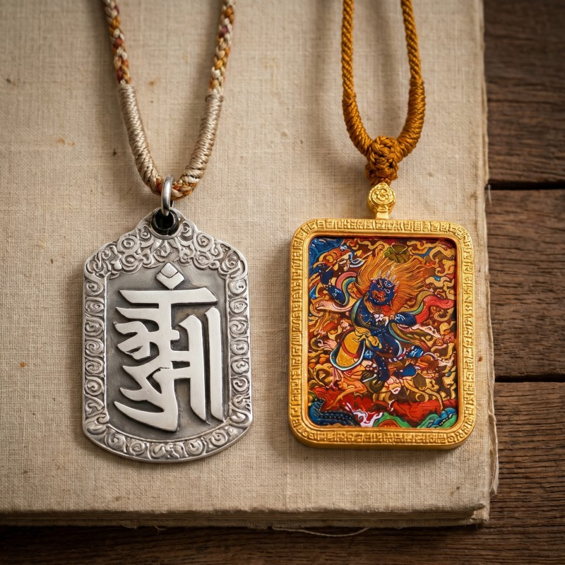 Mahasthamaprapta Bodhisattva Hand-Painted Thangka Pendant | Deity of Wisdom & Spiritual Power Amulet
