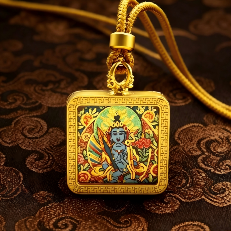 Manjushri (Blue Form) Hand-Painted Thangka Pendant | Bodhisattva of Wisdom & Clarity Amulet for Academic & Career Success