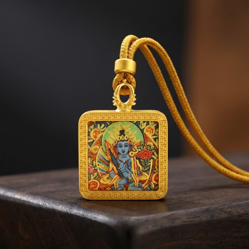 Manjushri (Blue Form) Hand-Painted Thangka Pendant | Bodhisattva of Wisdom & Clarity Amulet for Academic & Career Success image 2