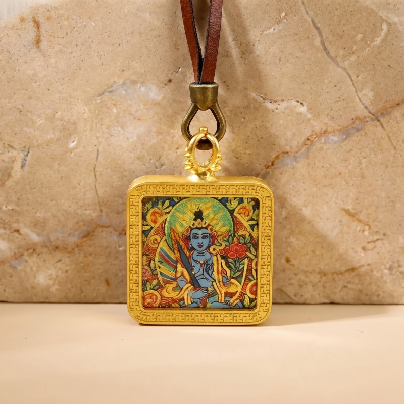 Manjushri (Blue Form) Hand-Painted Thangka Pendant | Bodhisattva of Wisdom & Clarity Amulet for Academic & Career Success image 3