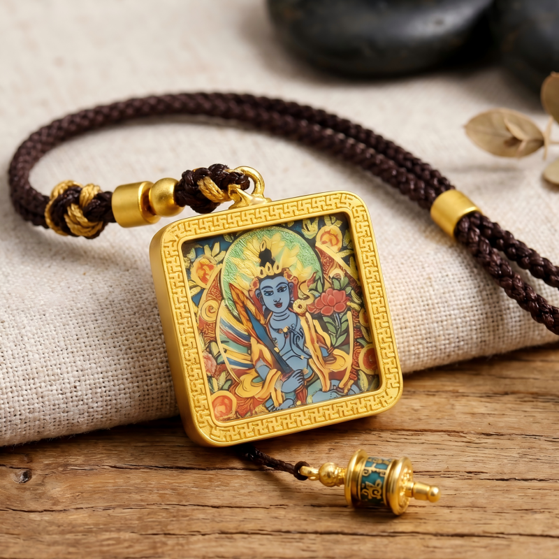 Manjushri (Blue Form) Hand-Painted Thangka Pendant | Bodhisattva of Wisdom & Clarity Amulet for Academic & Career Success image 4