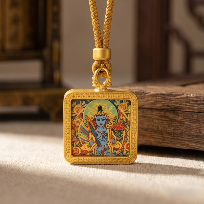 Manjushri (Blue Form) Hand-Painted Thangka Pendant | Bodhisattva of Wisdom & Clarity Amulet for Academic & Career Success image 5