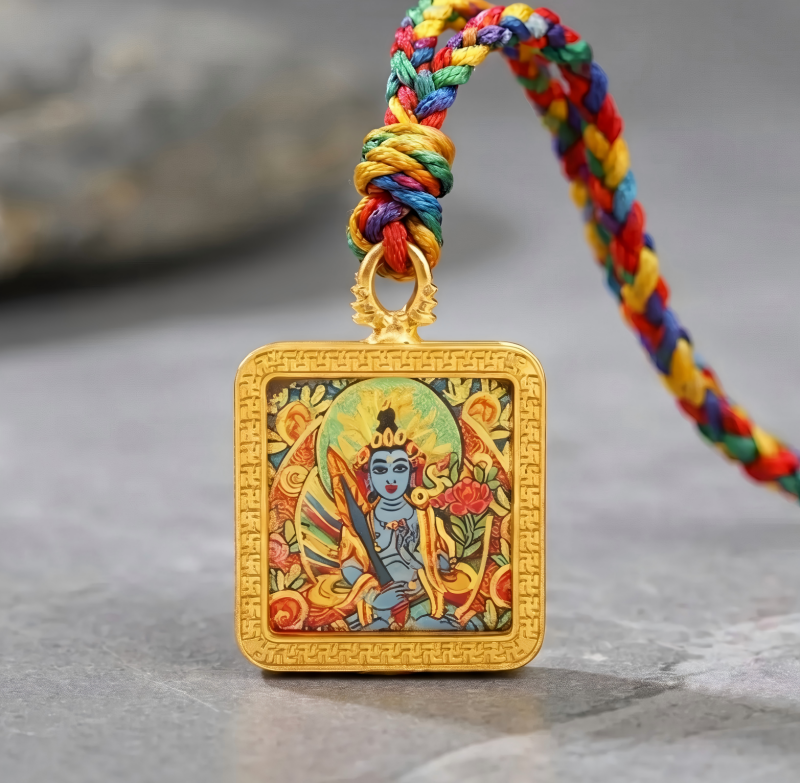 Manjushri (Blue Form) Hand-Painted Thangka Pendant | Bodhisattva of Wisdom & Clarity Amulet for Academic & Career Success image 6