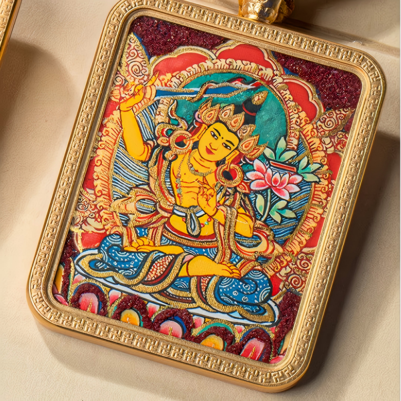 Manjushri Bodhisattva Hand-Painted Thangka Pendant | Deity of Wisdom & Academic Success Amulet image 2