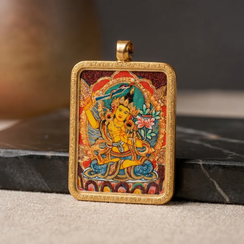 Manjushri Bodhisattva Hand-Painted Thangka Pendant | Deity of Wisdom & Academic Success Amulet image 3