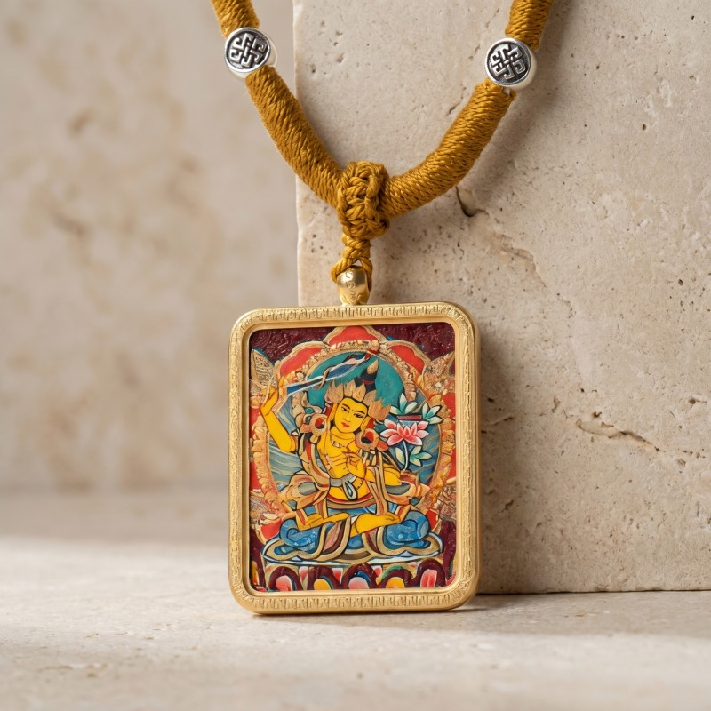 Manjushri Bodhisattva Hand-Painted Thangka Pendant | Deity of Wisdom & Academic Success Amulet image 4