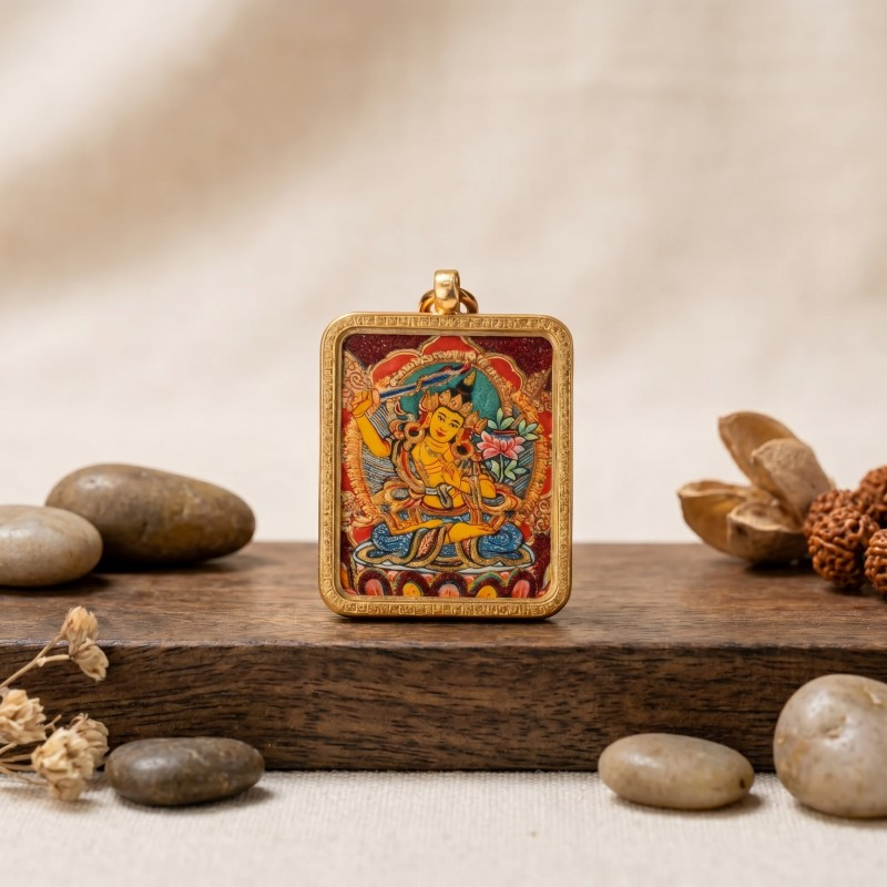 Manjushri Bodhisattva Hand-Painted Thangka Pendant | Deity of Wisdom & Academic Success Amulet image 5