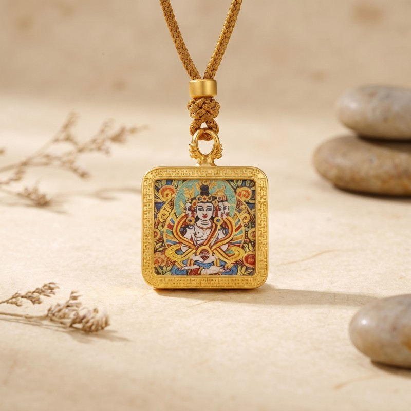 Manjushri Hand-Painted Thangka Pendant | Bodhisattva of Wisdom & Knowledge Amulet for Clarity & Academic Success image 3