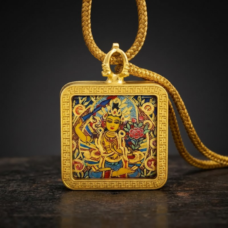 Manjushri Hand-Painted Thangka Pendant | Bodhisattva of Wisdom, Knowledge & Academic Success Amulet image 2
