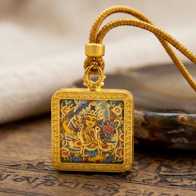 Manjushri Hand-Painted Thangka Pendant | Bodhisattva of Wisdom, Knowledge & Academic Success Amulet image 3