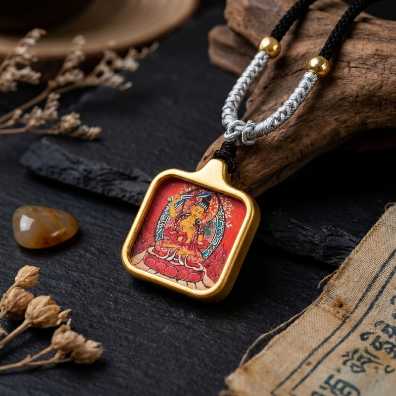 Manjushri Hand-Painted Thangka Pendant | Bodhisattva of Wisdom, Knowledge & Academic Success Amulet