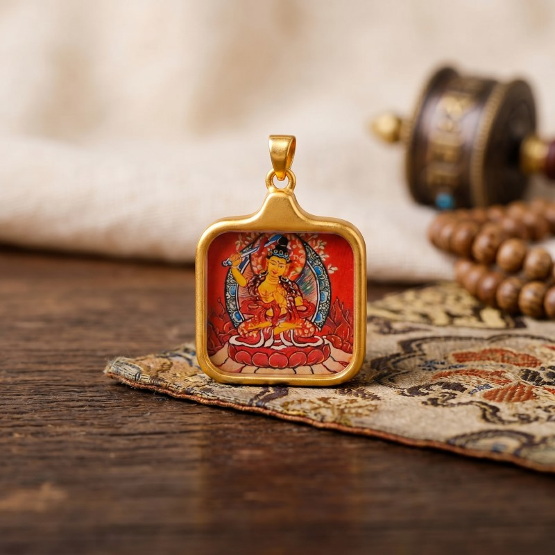 Manjushri Hand-Painted Thangka Pendant | Bodhisattva of Wisdom, Knowledge & Academic Success Amulet image 2