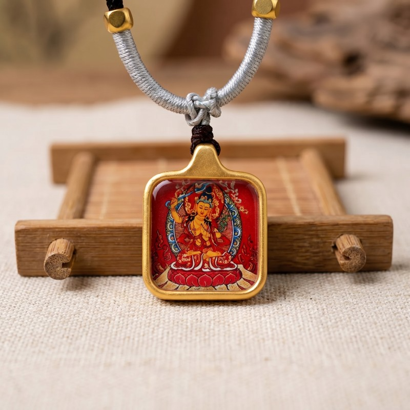 Manjushri Hand-Painted Thangka Pendant | Bodhisattva of Wisdom, Knowledge & Academic Success Amulet image 3
