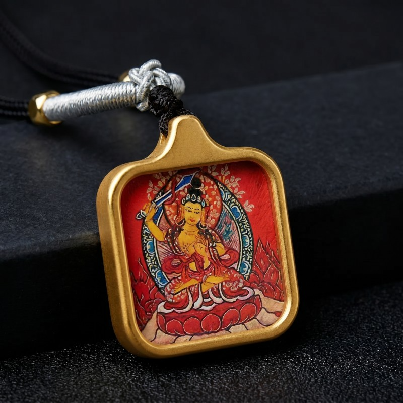 Manjushri Hand-Painted Thangka Pendant | Bodhisattva of Wisdom, Knowledge & Academic Success Amulet image 4