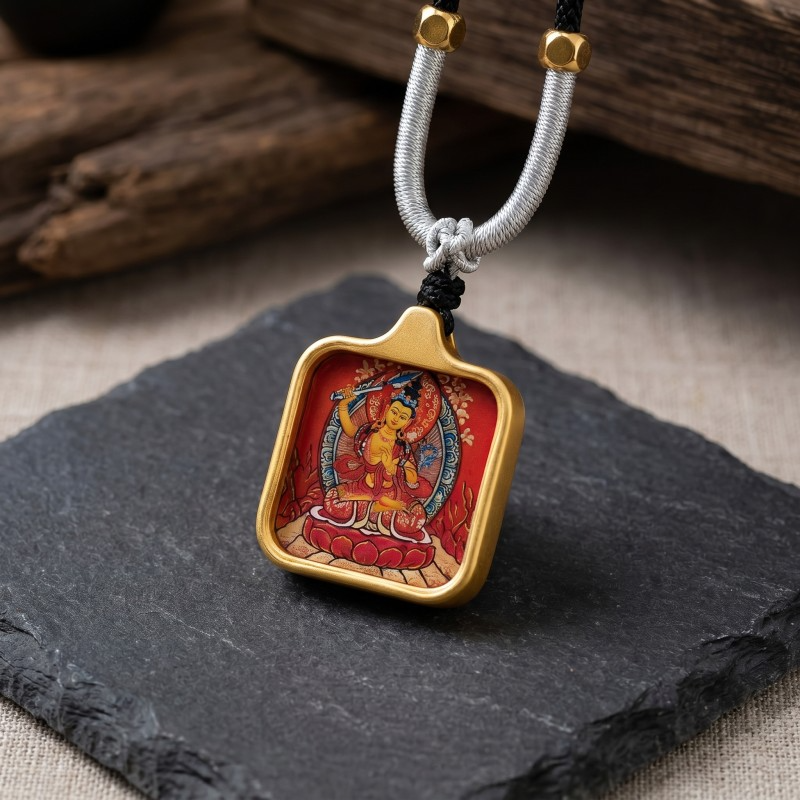 Manjushri Hand-Painted Thangka Pendant | Bodhisattva of Wisdom, Knowledge & Academic Success Amulet image 5