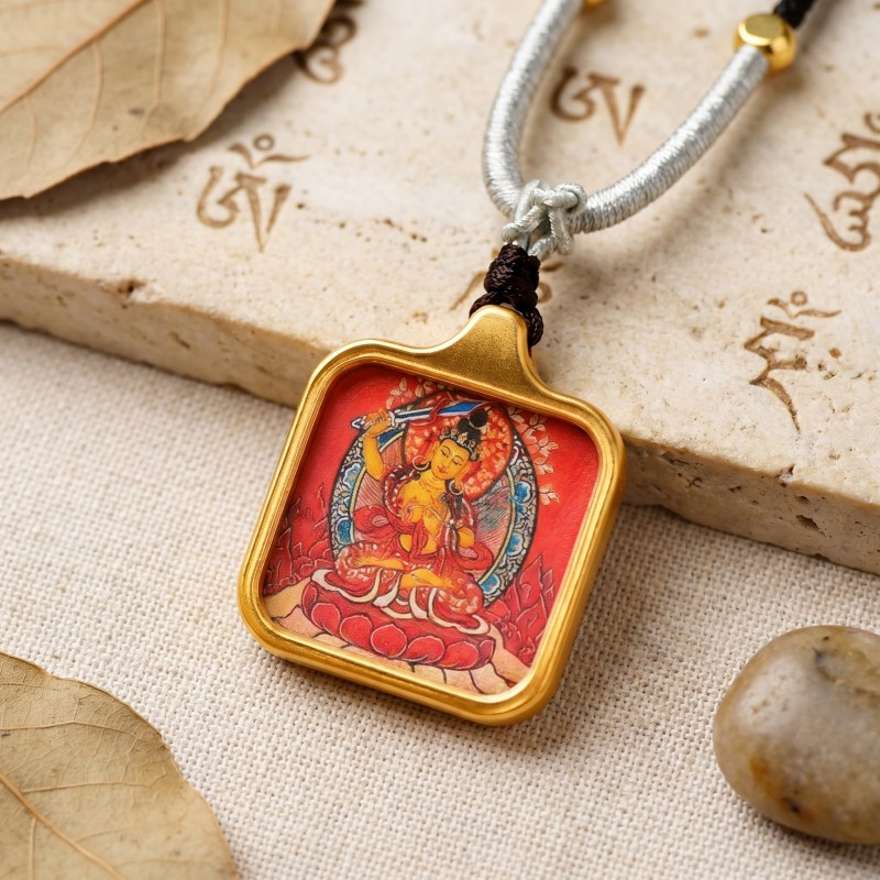 Manjushri Hand-Painted Thangka Pendant | Bodhisattva of Wisdom, Knowledge & Academic Success Amulet image 6