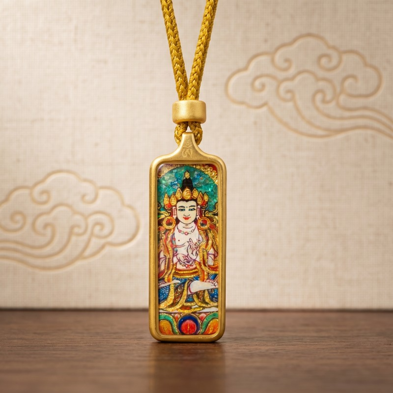 Manjushri (White Form) Hand-Painted Thangka Pendant | Bodhisattva of Wisdom & Clarity Amulet for Academic & Career Success image 2
