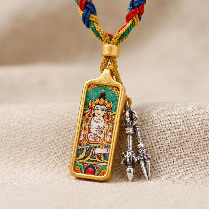 Manjushri (White Form) Hand-Painted Thangka Pendant | Bodhisattva of Wisdom & Clarity Amulet for Academic & Career Success image 3