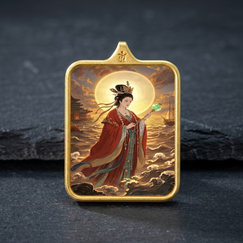 Mazu Hand-Painted Thangka Pendant | Goddess of the Sea, Safety & Prosperity Amulet