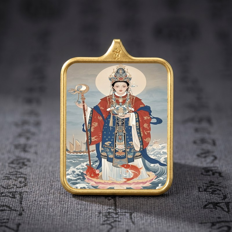 Mazu Hand-Painted Thangka Pendant | Goddess of the Sea, Safety & Prosperity Amulet image 3
