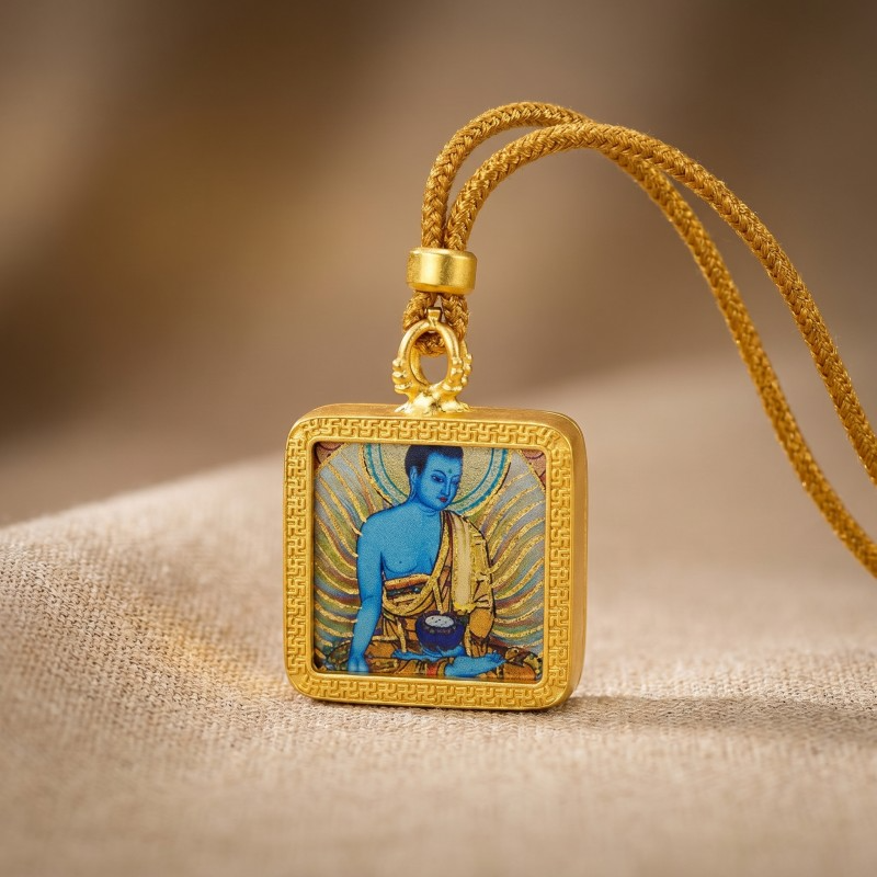 Medicine Buddha (Bhaiṣajyaguru) Hand-Painted Thangka Pendant | Healing & Good Health Amulet