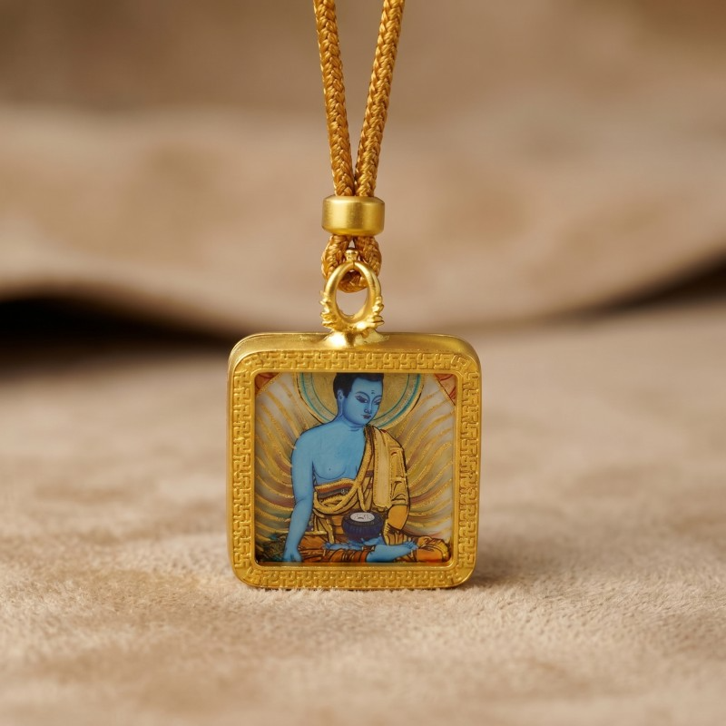 Medicine Buddha (Bhaiṣajyaguru) Hand-Painted Thangka Pendant | Healing & Good Health Amulet image 2