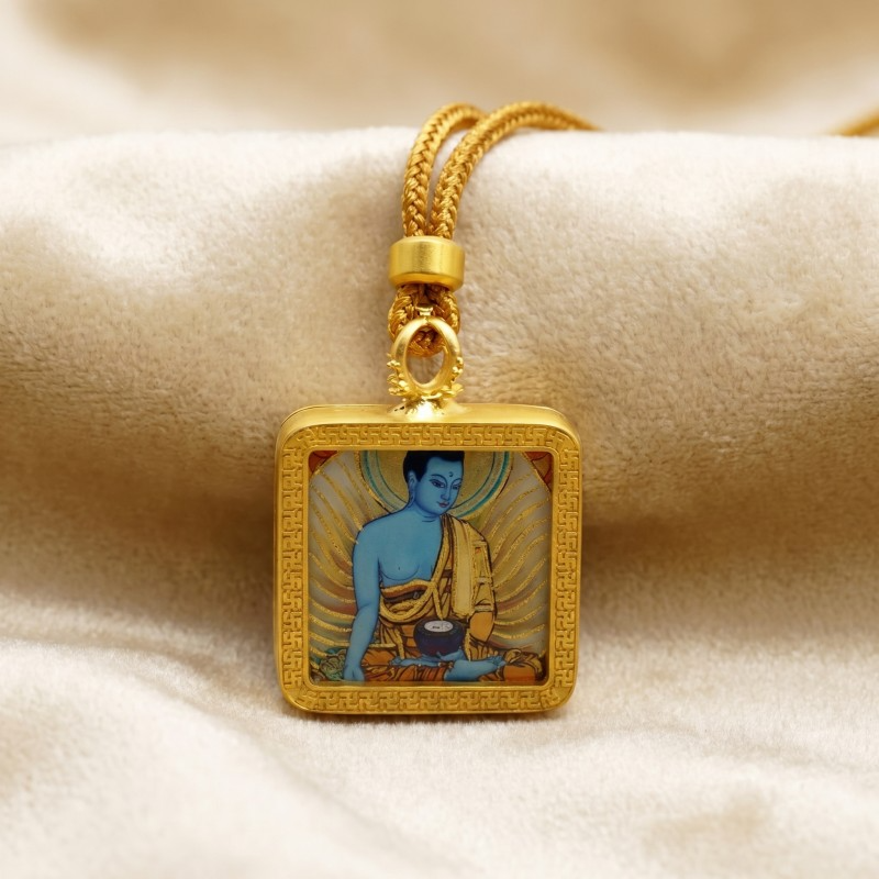 Medicine Buddha (Bhaiṣajyaguru) Hand-Painted Thangka Pendant | Healing & Good Health Amulet image 3