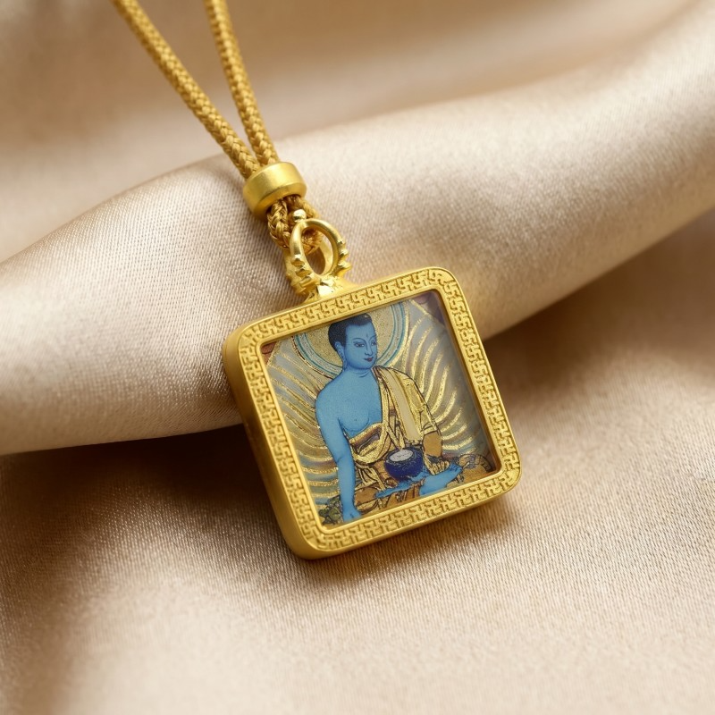Medicine Buddha (Bhaiṣajyaguru) Hand-Painted Thangka Pendant | Healing & Good Health Amulet image 4