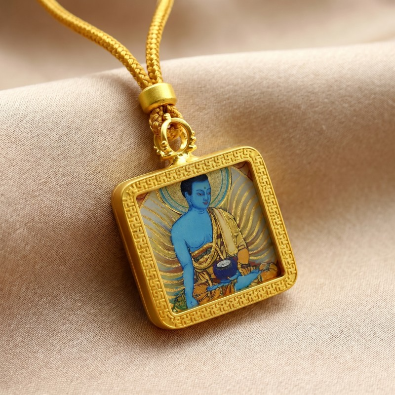 Medicine Buddha (Bhaiṣajyaguru) Hand-Painted Thangka Pendant | Healing & Good Health Amulet image 5