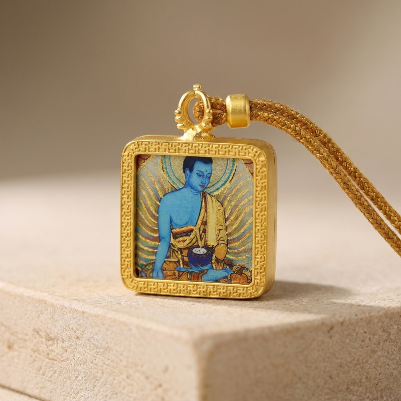 Medicine Buddha (Bhaiṣajyaguru) Hand-Painted Thangka Pendant | Healing & Good Health Amulet image 6