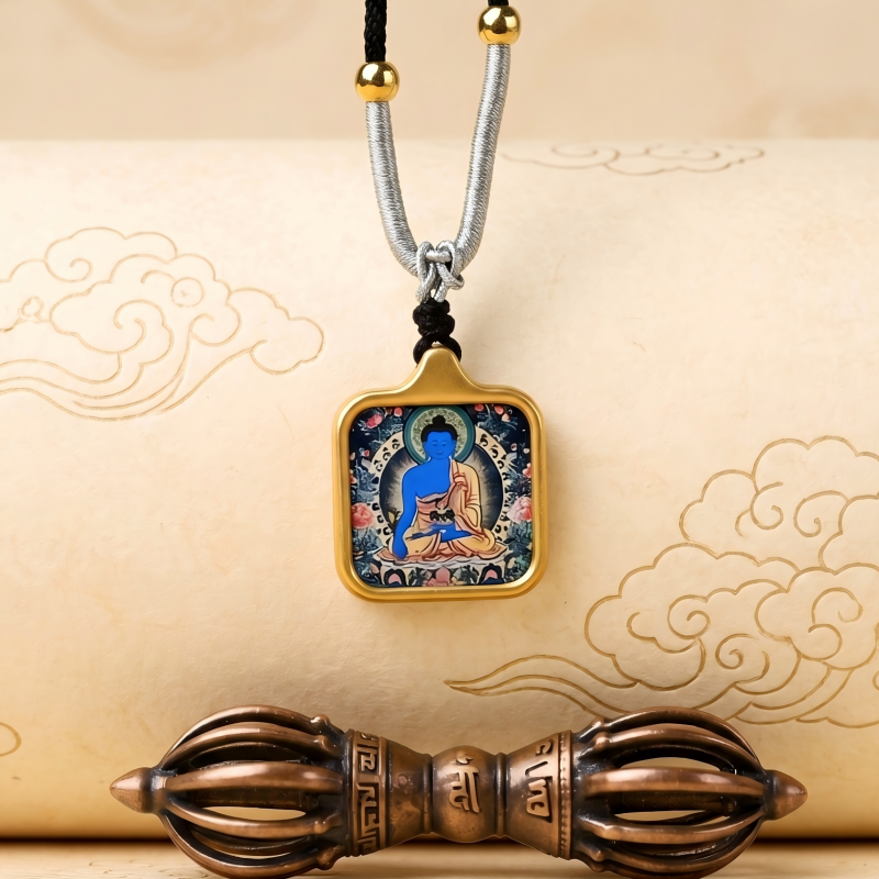 Medicine Buddha Hand-Painted Thangka Pendant | Deity of Healing, Good Health & Well-Being Amulet image 2