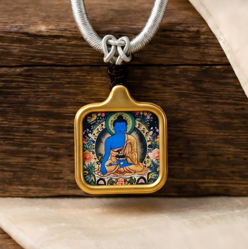 Medicine Buddha Hand-Painted Thangka Pendant | Deity of Healing, Good Health & Well-Being Amulet image 3