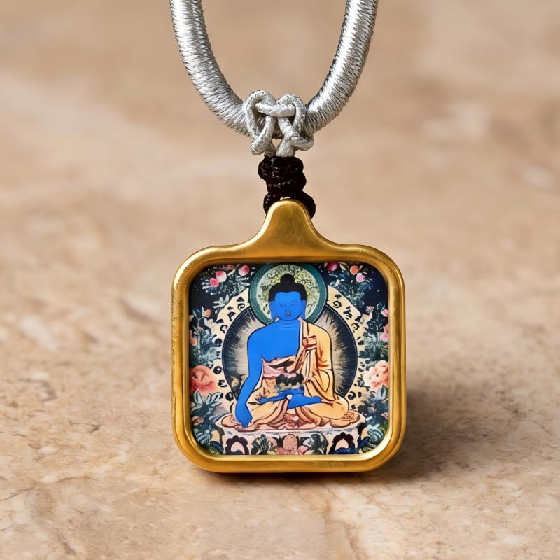 Medicine Buddha Hand-Painted Thangka Pendant | Deity of Healing, Good Health & Well-Being Amulet image 4
