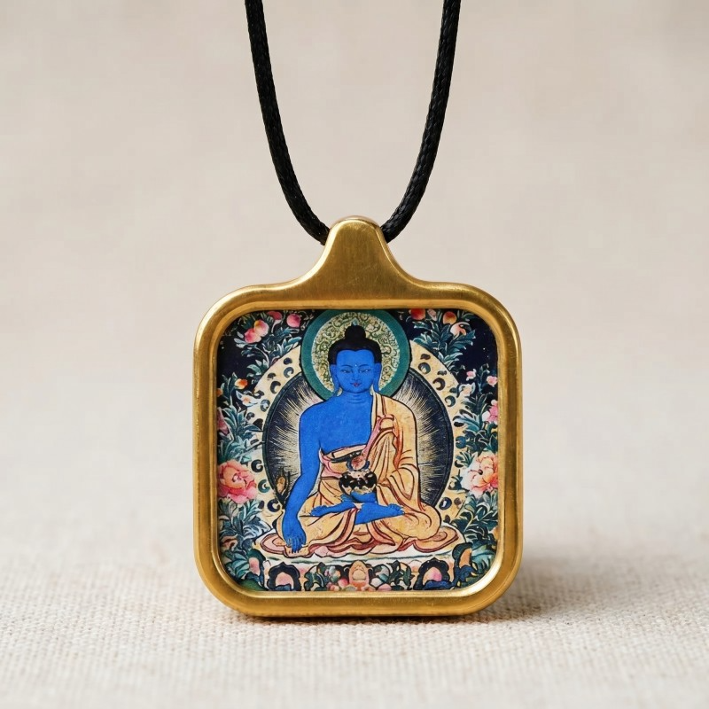 Medicine Buddha Hand-Painted Thangka Pendant | Deity of Healing, Good Health & Well-Being Amulet image 5