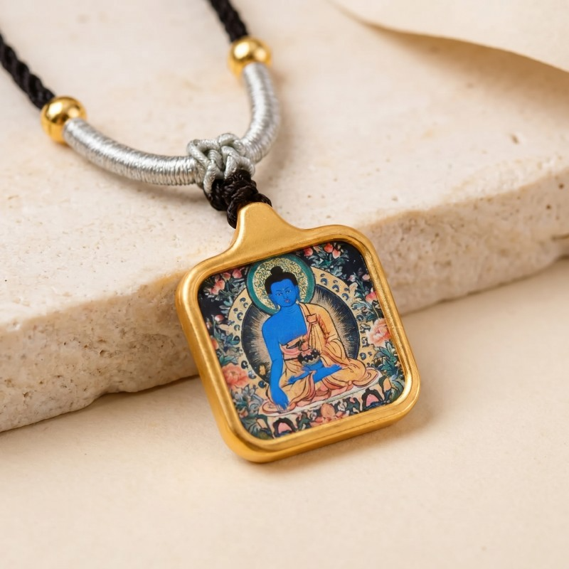 Medicine Buddha Hand-Painted Thangka Pendant | Deity of Healing, Good Health & Well-Being Amulet image 6