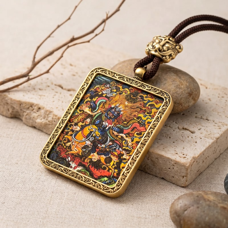 Palden Lhamo (Auspicious Goddess) Hand-Painted Thangka Pendant | Protector of the Dharma Amulet image 2