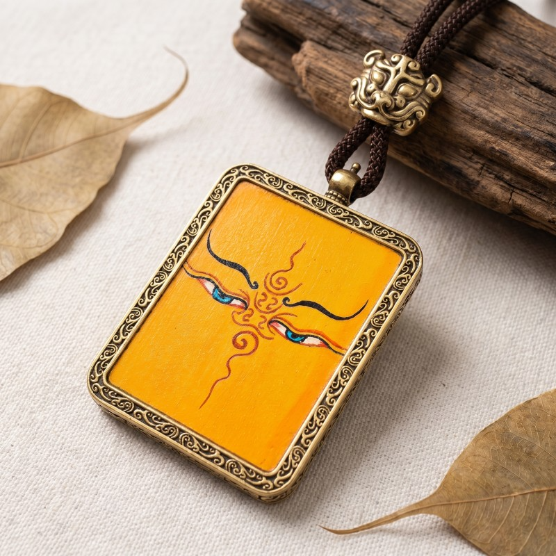Prajna Wisdom Eyes Hand-Painted Thangka Pendant | Symbol of Clear Sight & Spiritual Protection Amulet image 2