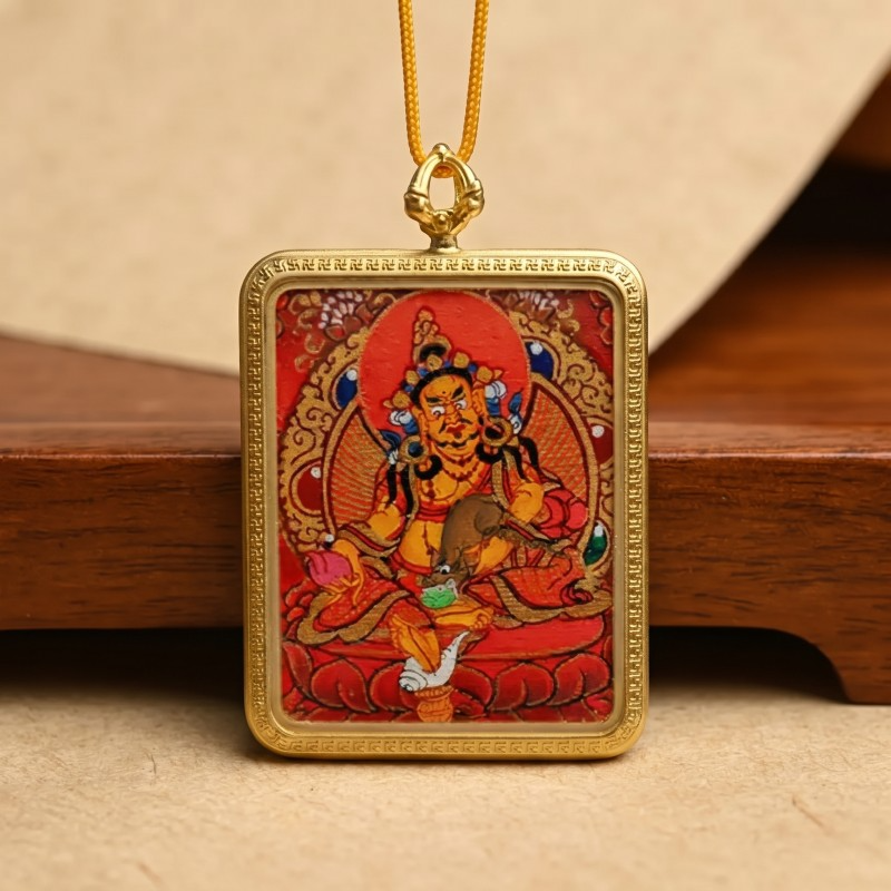 Red Background Yellow Jambhala Hand-Painted Thangka Pendant | God of Wealth & Prosperity Amulet