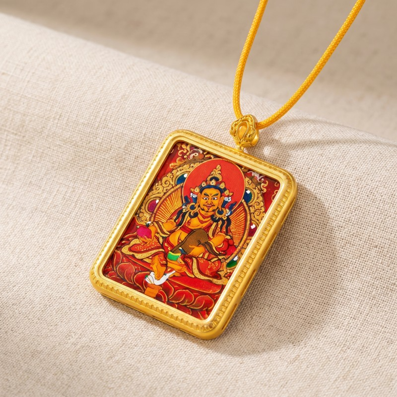 Red Background Yellow Jambhala Hand-Painted Thangka Pendant | God of Wealth & Prosperity Amulet image 2
