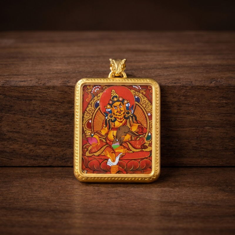 Red Background Yellow Jambhala Hand-Painted Thangka Pendant | God of Wealth & Prosperity Amulet image 3
