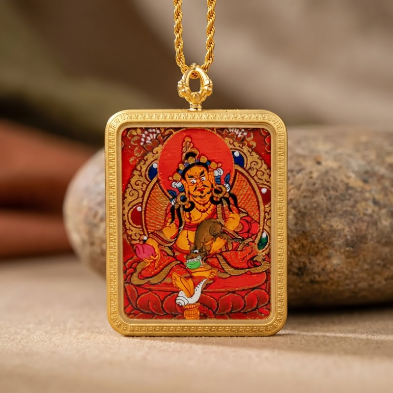 Red Background Yellow Jambhala Hand-Painted Thangka Pendant | God of Wealth & Prosperity Amulet image 4