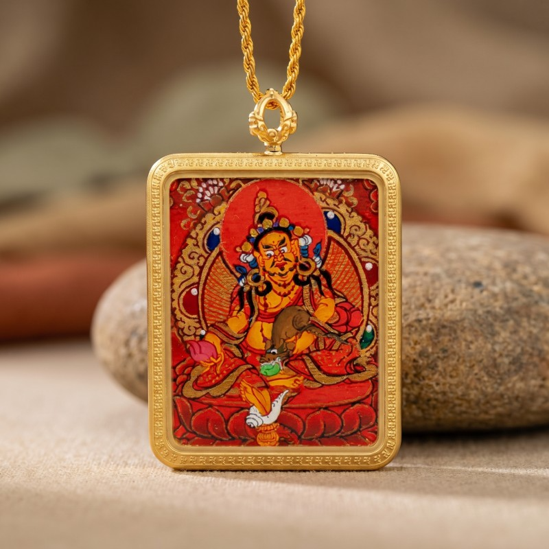 Red Background Yellow Jambhala Hand-Painted Thangka Pendant | God of Wealth & Prosperity Amulet image 5