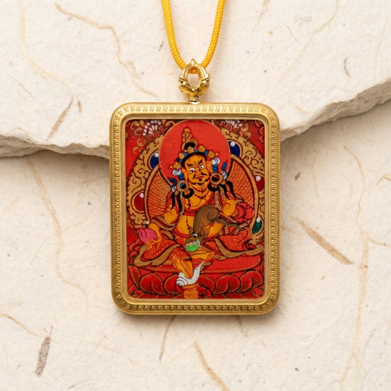 Red Background Yellow Jambhala Hand-Painted Thangka Pendant | God of Wealth & Prosperity Amulet image 6