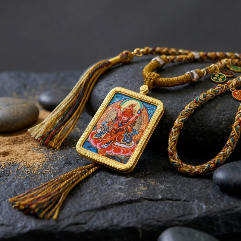 Red Jambhala Hand-Painted Thangka Pendant | God of Social Wealth & Good Relationships Amulet