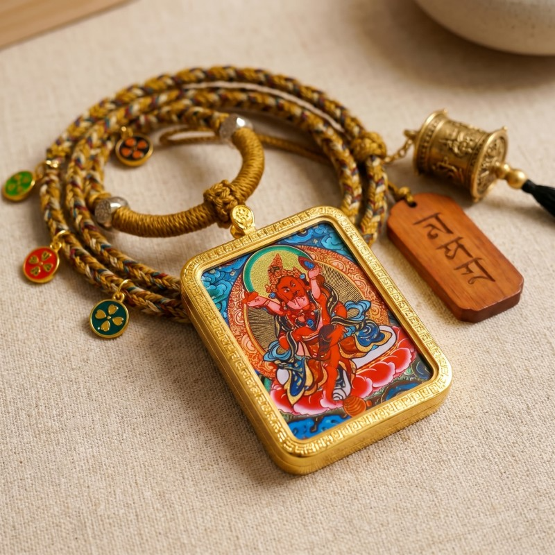 Red Jambhala Hand-Painted Thangka Pendant | God of Social Wealth & Good Relationships Amulet image 2