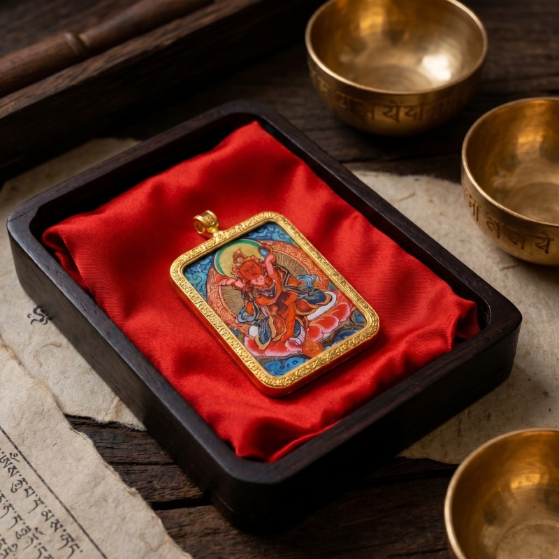 Red Jambhala Hand-Painted Thangka Pendant | God of Social Wealth & Good Relationships Amulet image 3