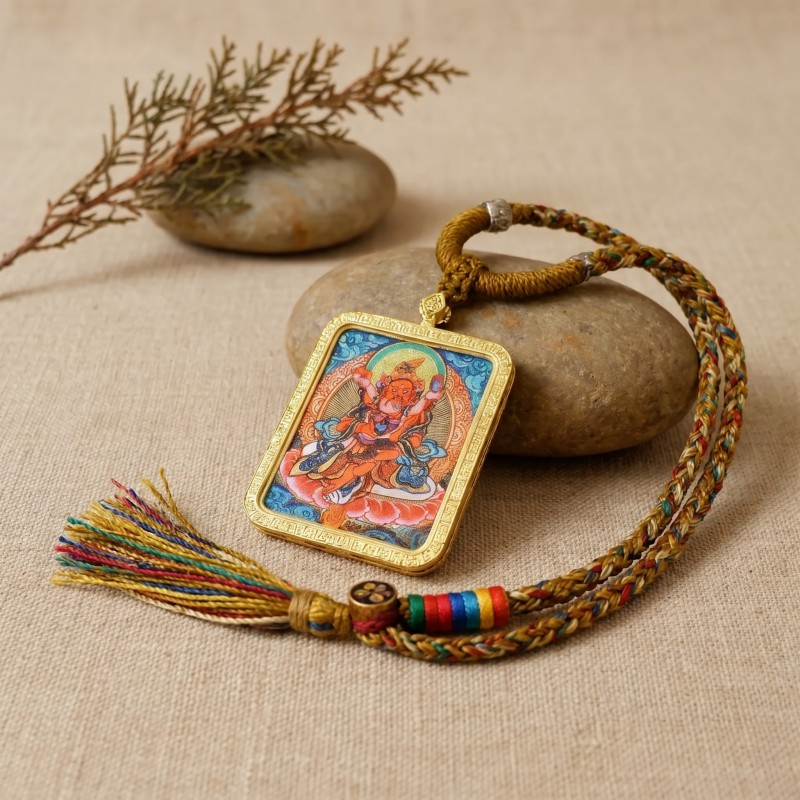 Red Jambhala Hand-Painted Thangka Pendant | God of Social Wealth & Good Relationships Amulet image 4