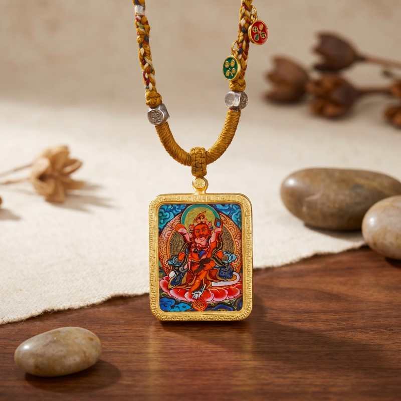 Red Jambhala Hand-Painted Thangka Pendant | God of Social Wealth & Good Relationships Amulet image 5