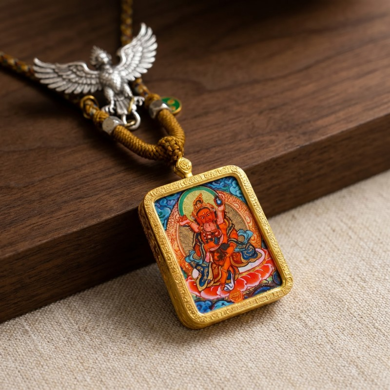 Red Jambhala Hand-Painted Thangka Pendant | God of Social Wealth & Good Relationships Amulet image 6